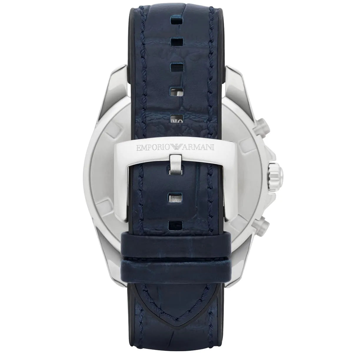 AR6126 watch caseback with blue leather strap and Emporio Armani branding