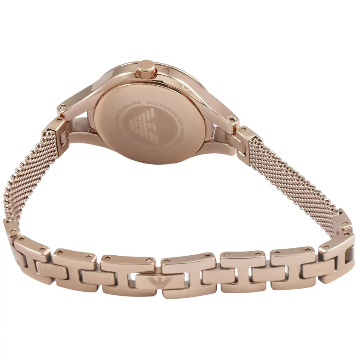 Emporio Armani AR7329 watch back view with rose gold link bracelet and metal case
