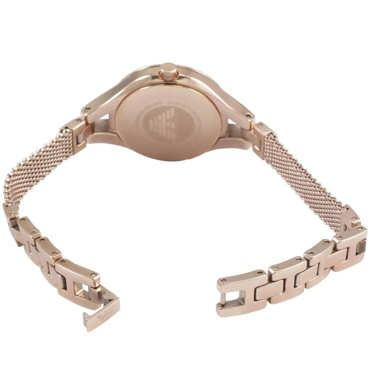 Emporio Armani AR7329 watch caseback showing rose gold stainless steel bracelet detail