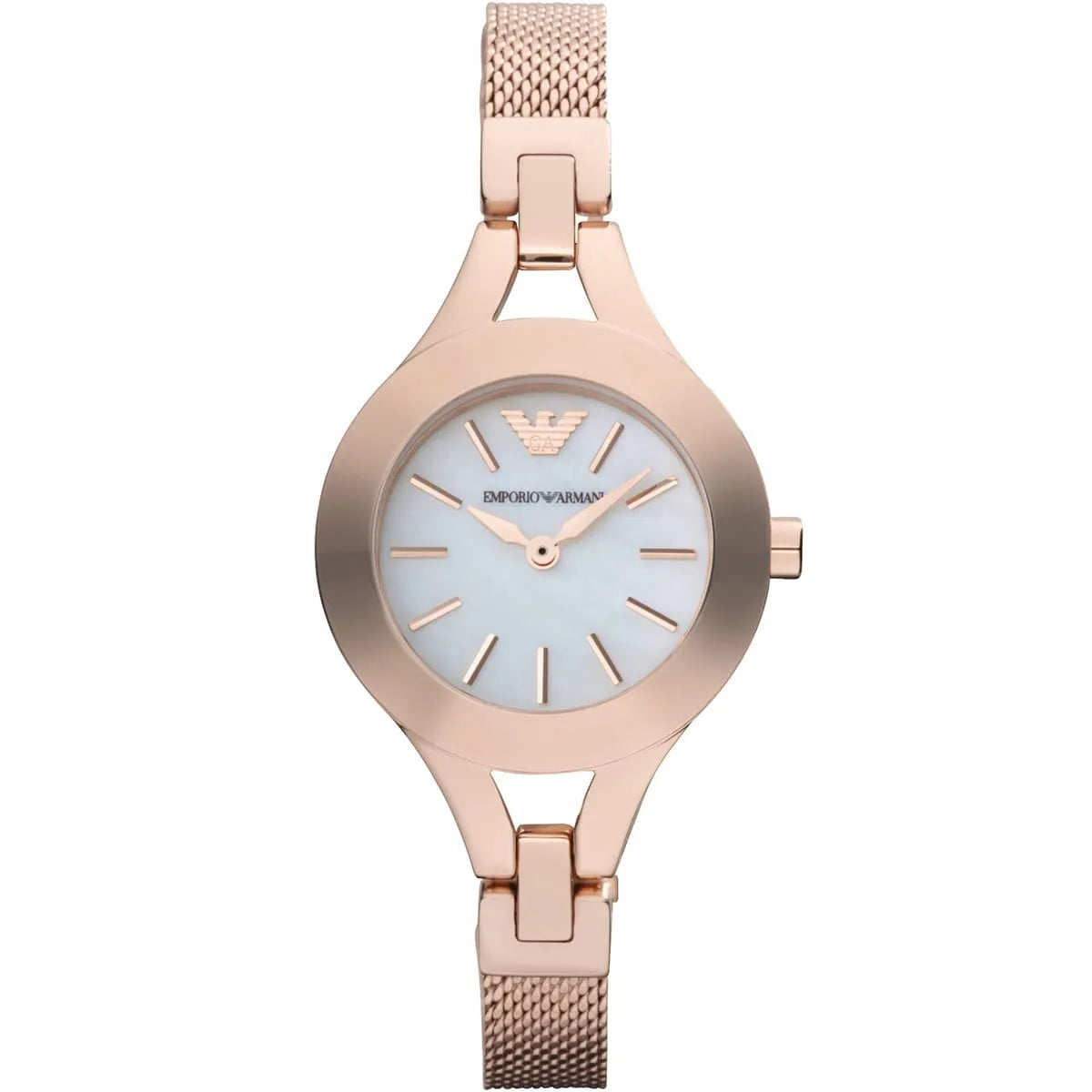 Emporio Armani AR7329 women's watch featuring round mother of pearl dial with rose gold case and bracelet