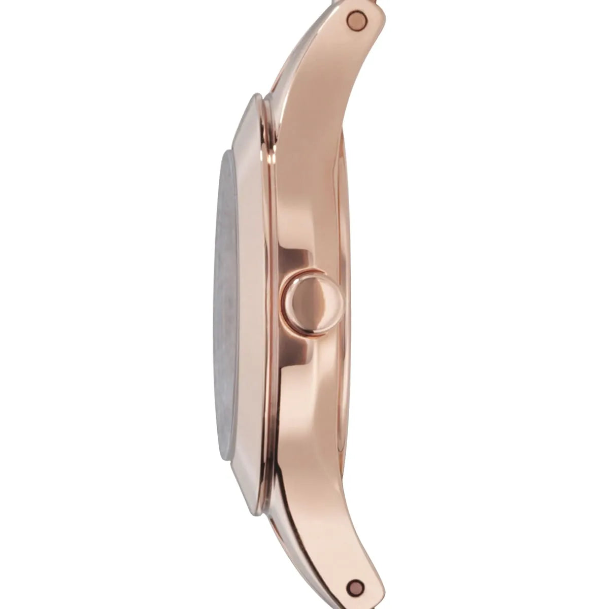 Emporio Armani AR7329 watch side profile with rose gold case and mother of pearl dial