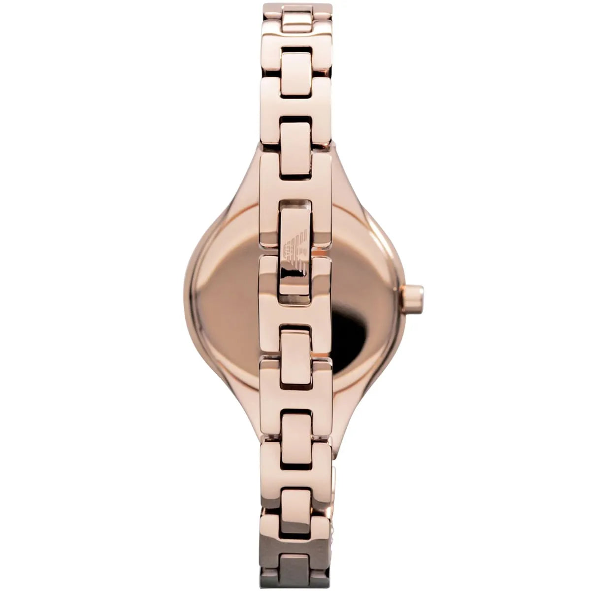 Side view of Emporio Armani AR7329 showing rose gold stainless steel link bracelet