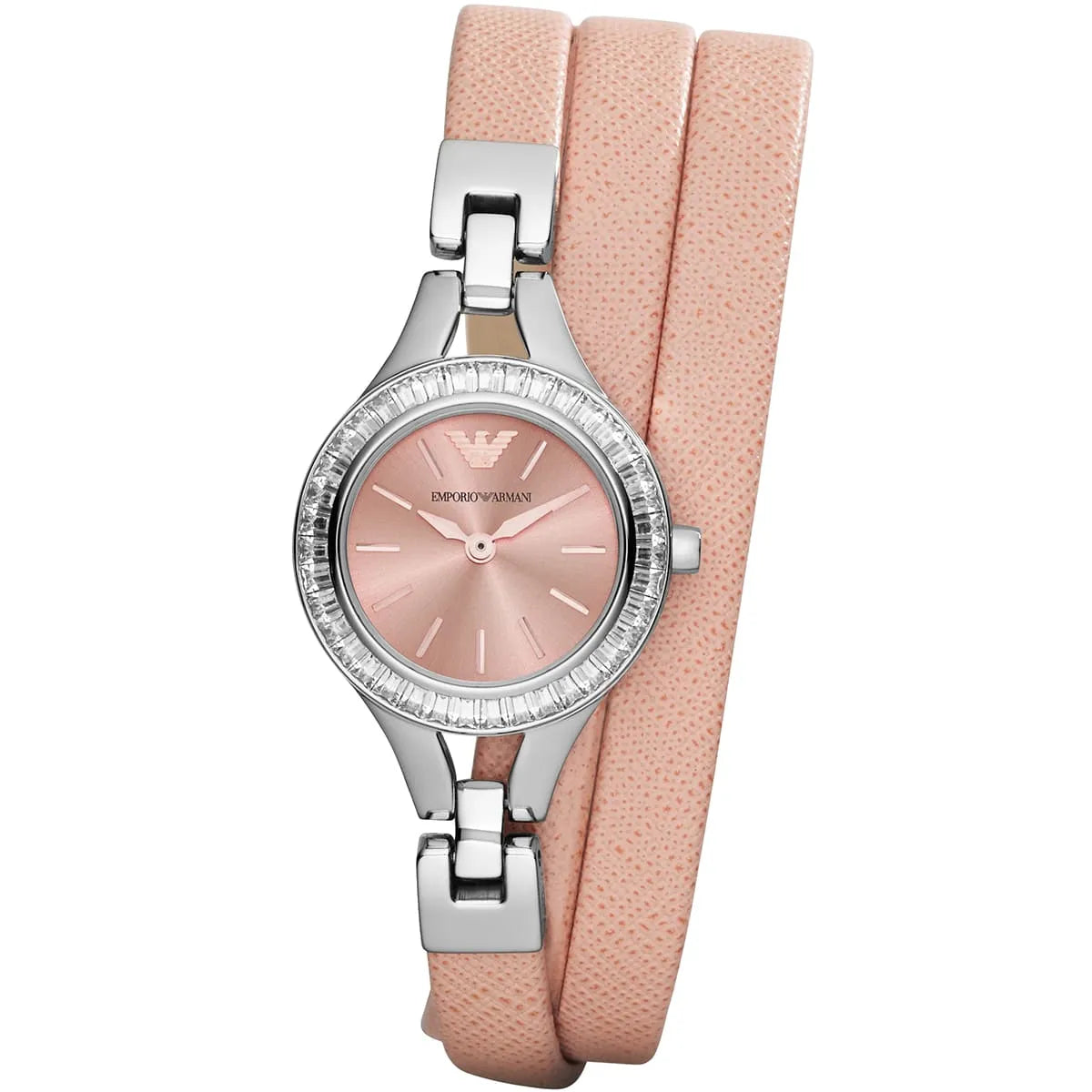 Emporio Armani Chiara ladies watch with pink dial, diamond bezel, and double-wrap pink leather strap
