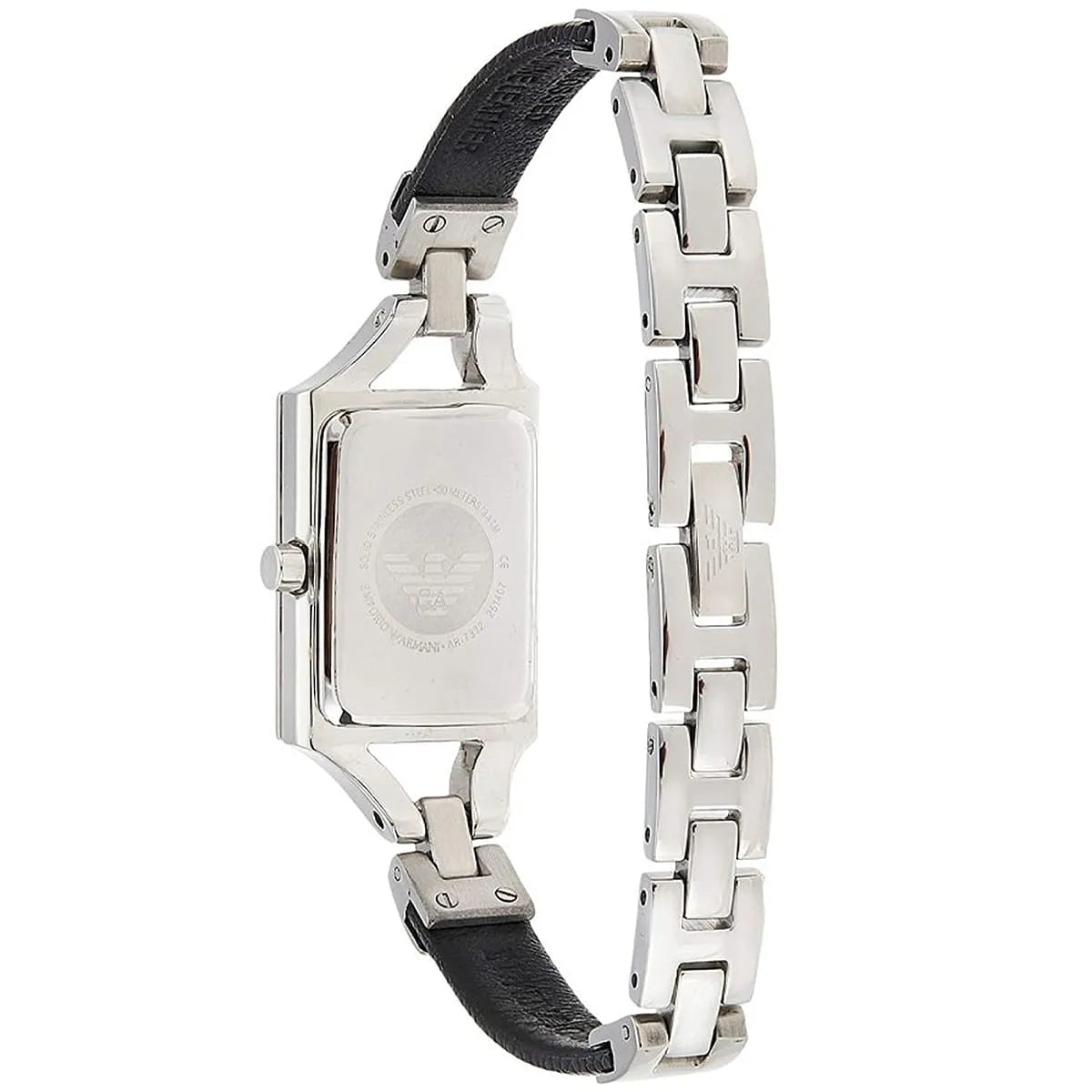Emporio Armani Chiara women's watch worn on wrist showing mixed black leather and silver metal band