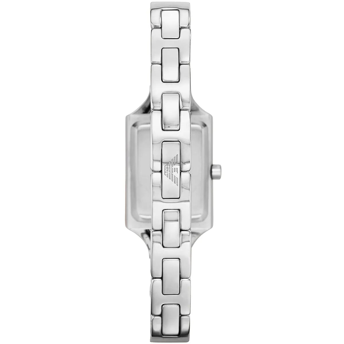 Emporio Armani Chiara women's watch side profile showing stainless steel case and crown