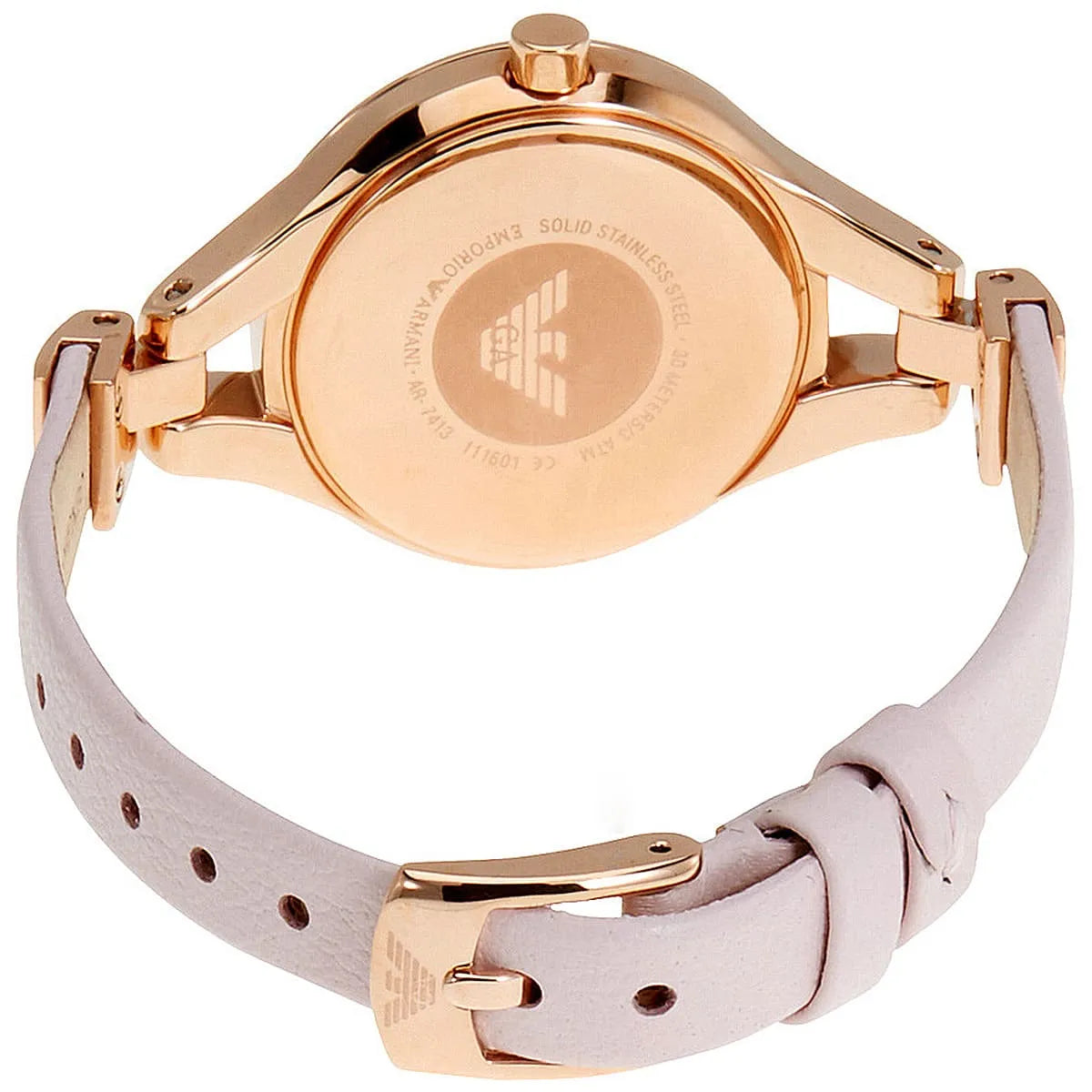Emporio Armani Chiara AR7413 rose gold watch band and case detail view