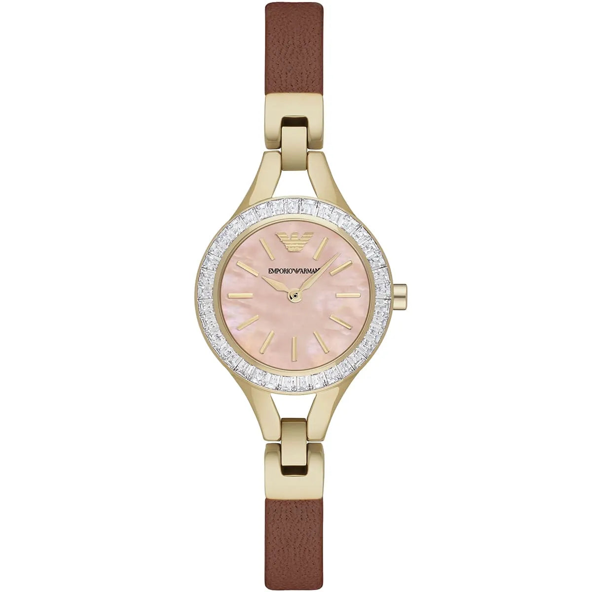 Emporio Armani Chiara ladies watch with pink dial, crystal-set bezel, gold case, and brown leather strap