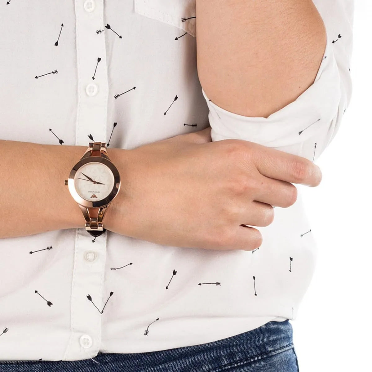 Emporio Armani AR7431 watch styled on wrist showing rose gold case and leather strap