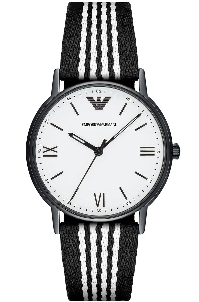 Emporio Armani Kappa men's watch with white dial, Roman numerals, black case, and black and white striped nylon strap