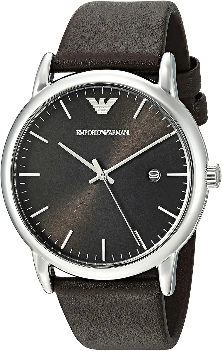 Emporio Armani AR80008 angle view showing black dial, silver tone case and dark brown leather strap