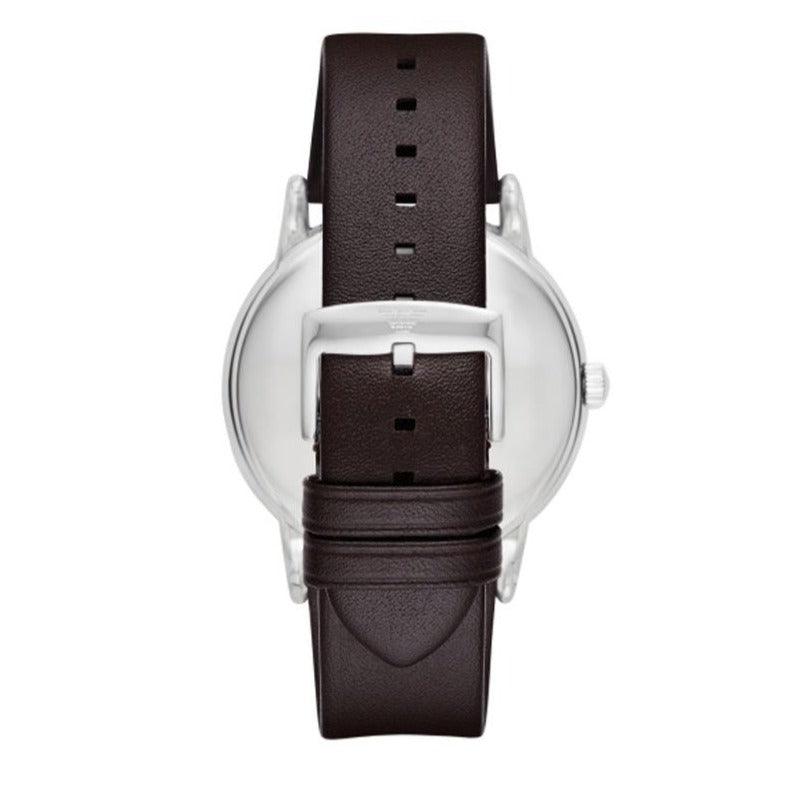Emporio Armani AR80008 caseback with engraved logo and brown leather strap detail