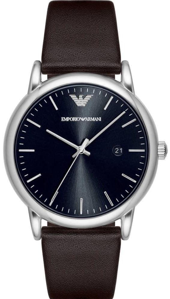 Emporio Armani AR80008 front view with black dial, silver tone case and brown leather strap