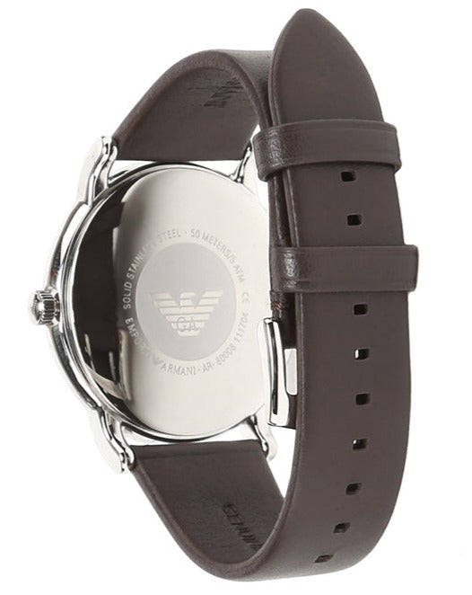 Emporio Armani AR80008 brown leather strap with caseback showing engraved eagle logo