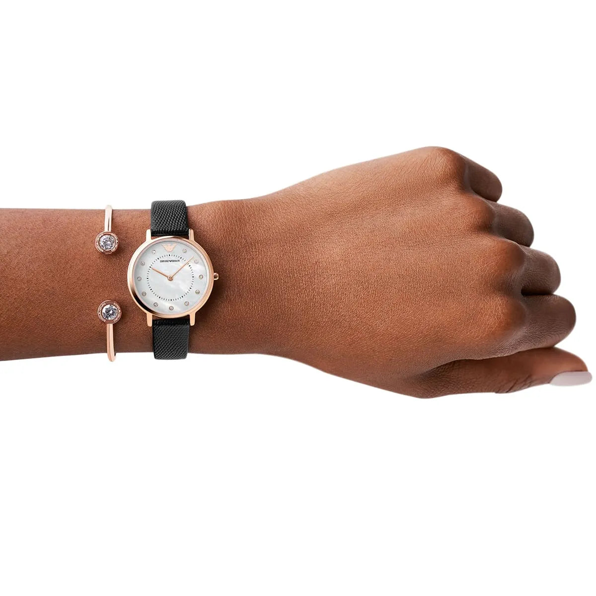 AR80011 watch worn on wrist with black fabric strap and mother of pearl dial