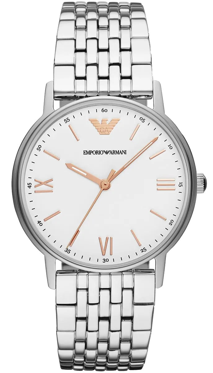 Emporio Armani Kappa white dial watch with silver stainless steel bracelet and rose gold accents