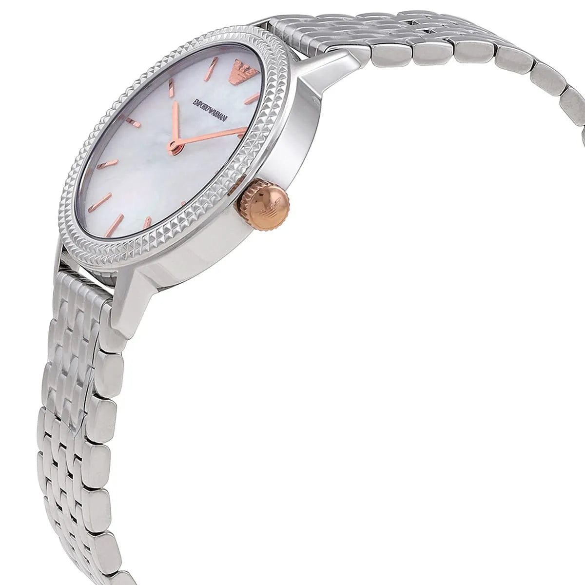 AR80020 Emporio Armani watch angled view showing silver bracelet and rose gold crown