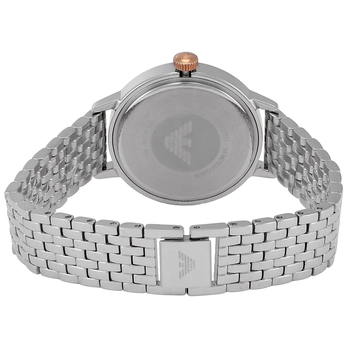 AR80020 Emporio Armani caseback showing stainless steel construction and engraved eagle logo
