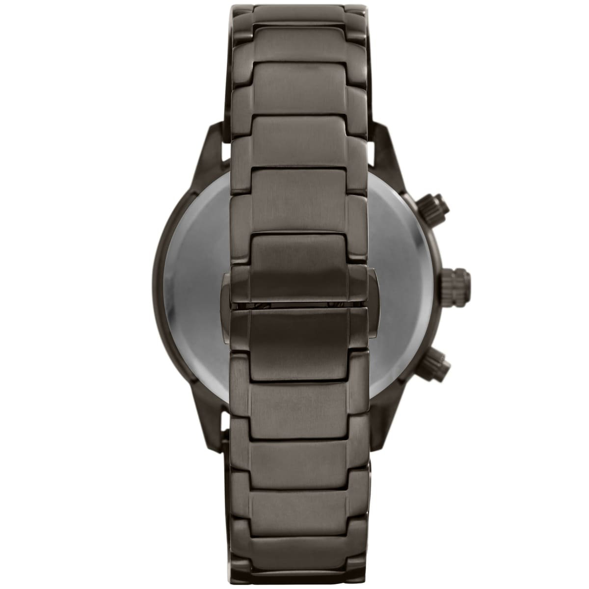 Rear view of Emporio Armani AR80045 showing caseback and gray metal bracelet