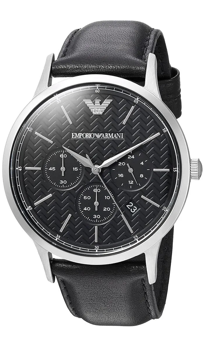 Emporio Armani Renato AR8034 chronograph watch with black dial and black leather strap