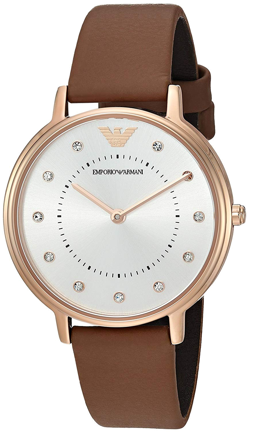 Emporio Armani AR8040 women's watch at angle showing rose gold case and brown leather strap