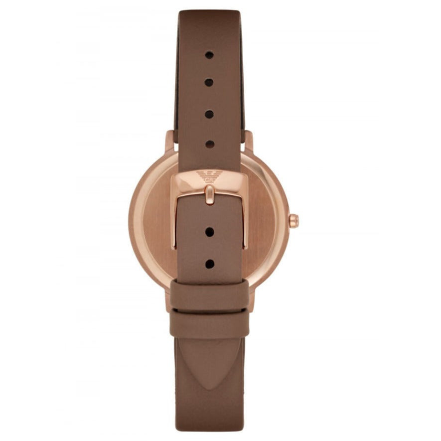 Emporio Armani AR8040 caseback view showing rose gold case and brown leather strap