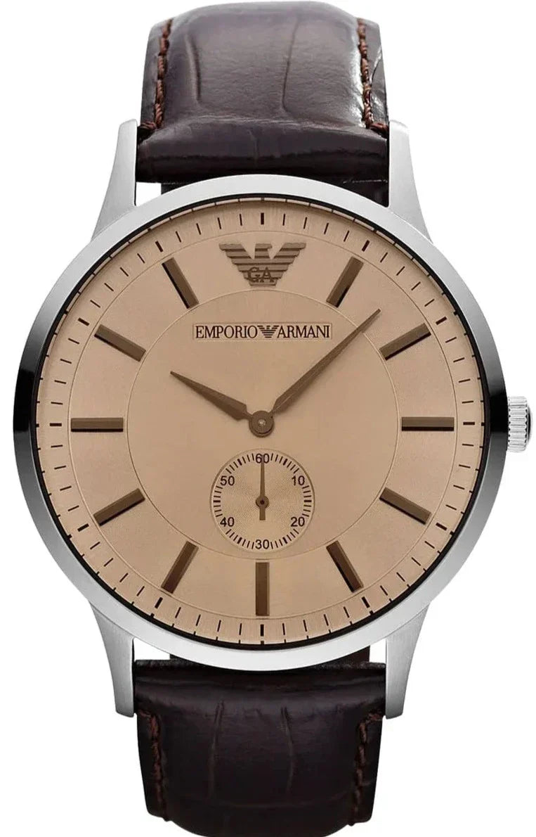 Emporio Armani Kappa AR9106 watch with brown dial, silver case, and brown leather strap