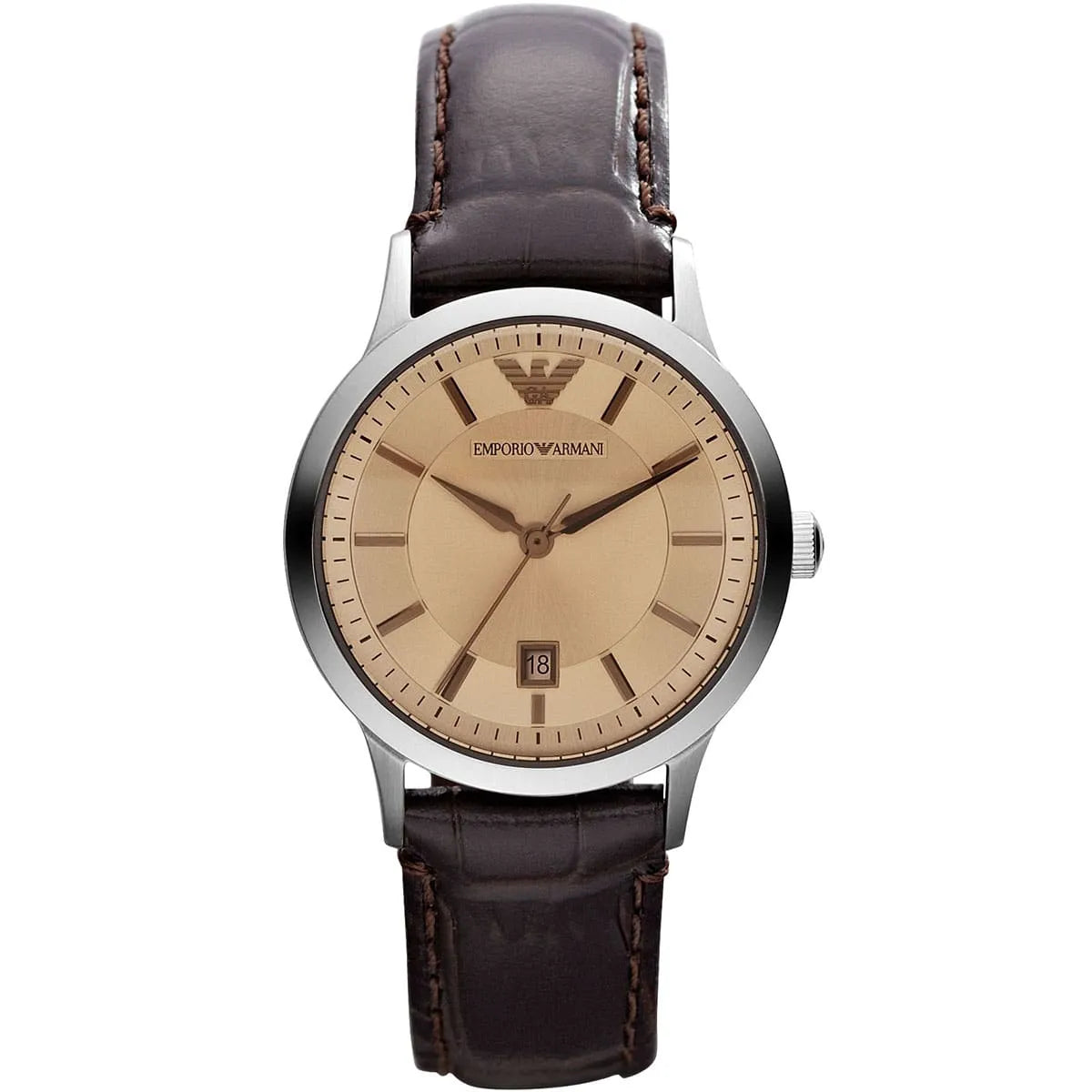 Emporio Armani AR9106L watch with beige brown dial, silver case, and brown leather strap
