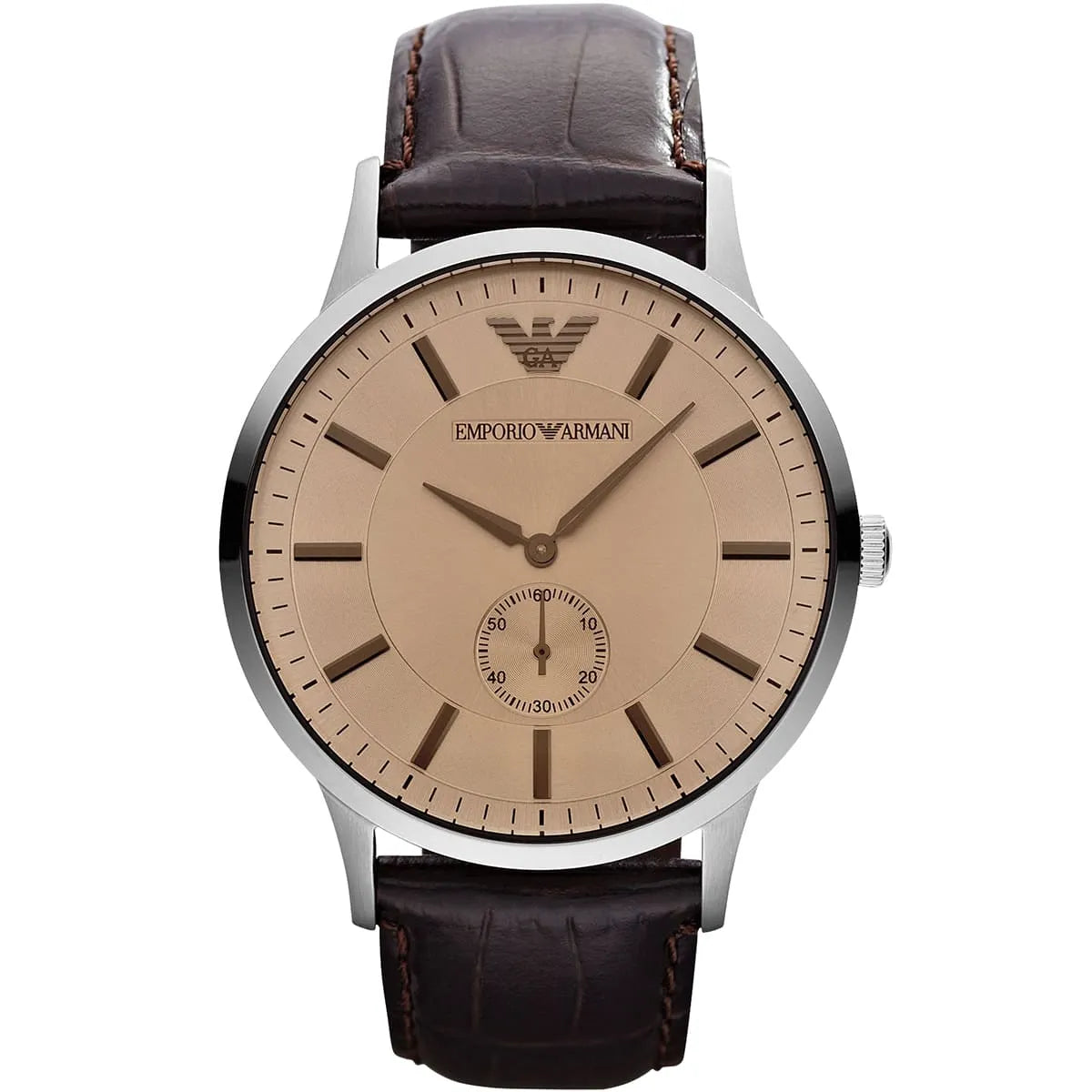 Emporio Armani Kappa AR9106M brown dial watch with brown leather strap, beige face and hour markers