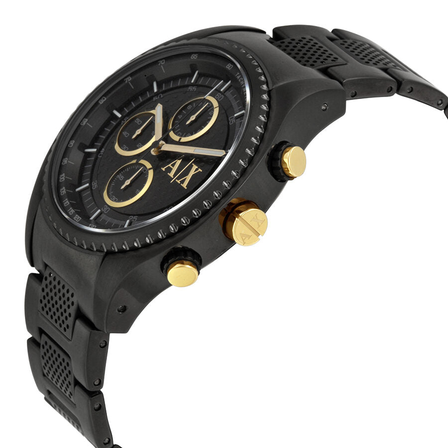 Side angle view of Armani Exchange AX1604 with black case, gold chronograph pushers, and mesh bracelet