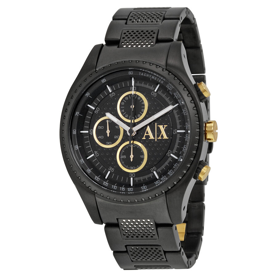 Armani Exchange AX1604 chronograph watch with black dial, three gold-tone subdials, and black mesh strap
