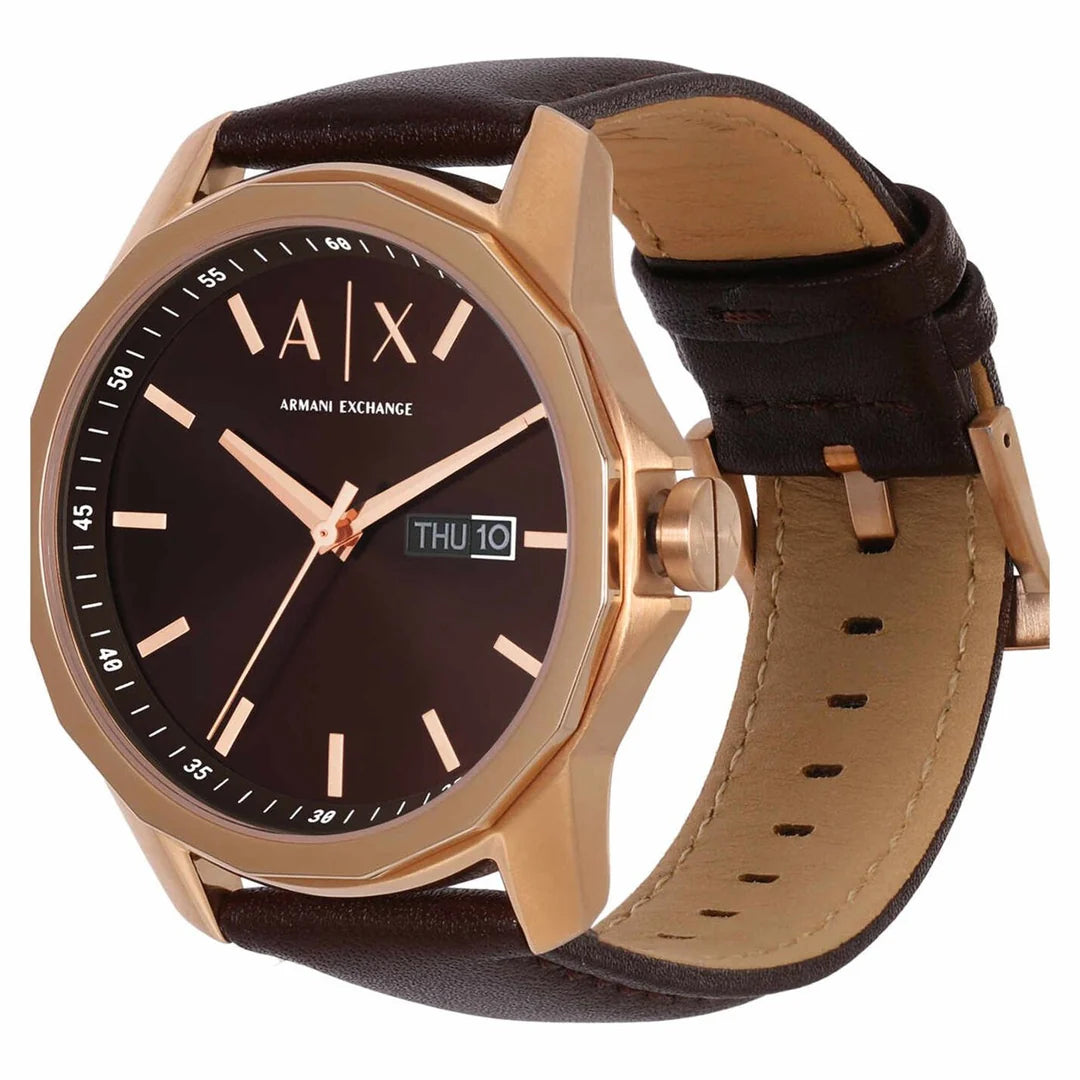 Armani Exchange Banks AX1740 angled view showing dial, case, and leather strap with day-date window