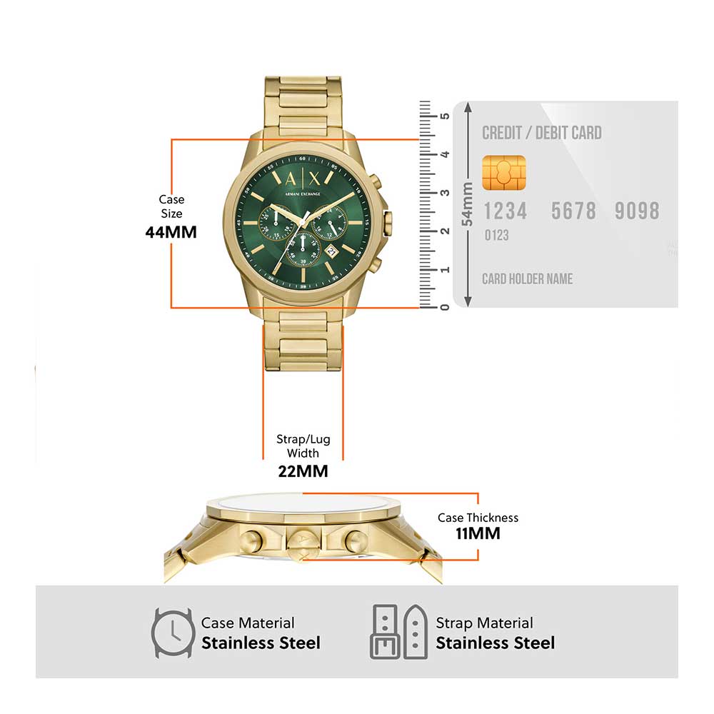 Armani Exchange AX1746 specifications: 44mm case, 22mm strap, 11mm thickness, stainless steel