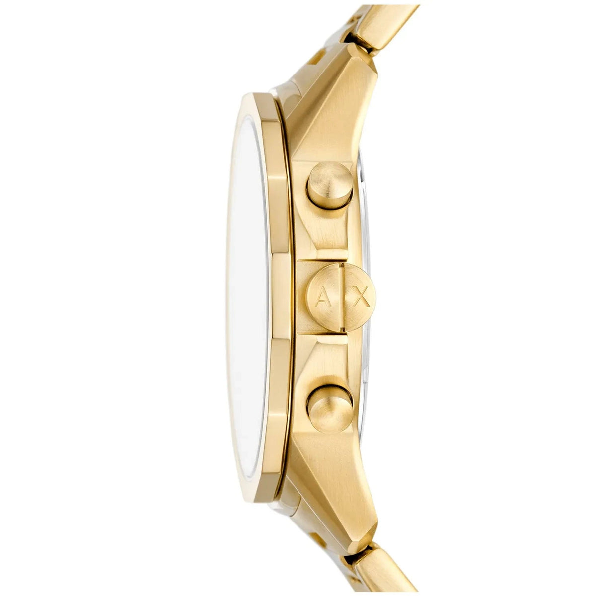 Side profile of Armani Exchange Banks AX1746 chronograph watch with gold-tone case