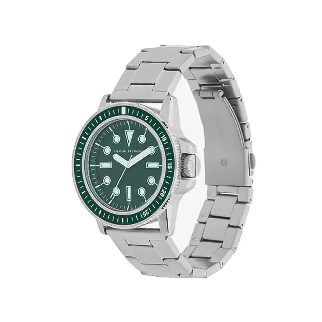 Armani Exchange Leonardo AX1860 three-quarter view showing silver bracelet and green dial