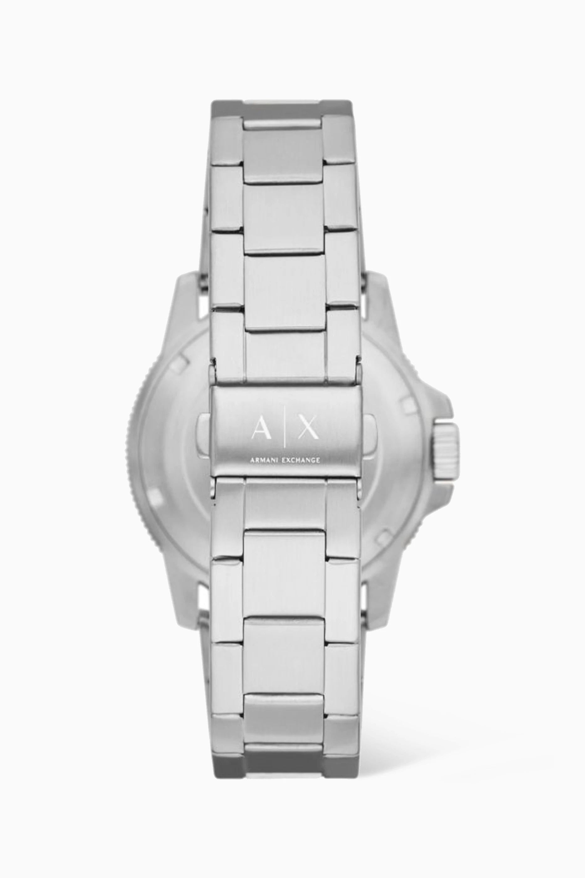 Armani Exchange Leonardo AX1860 caseback showing AX logo and silver-tone metal