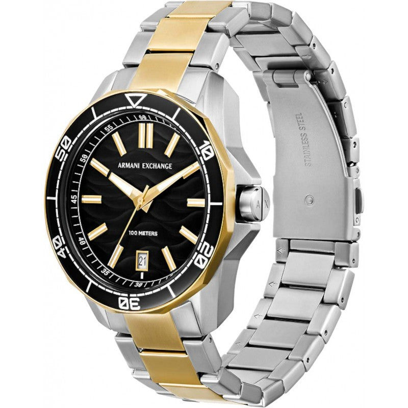 Armani Exchange AX1956 side view showing two-tone stainless steel bracelet