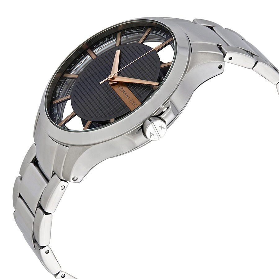 Armani Exchange AX2199 watch at angle showing grey dial, stainless steel case and bracelet
