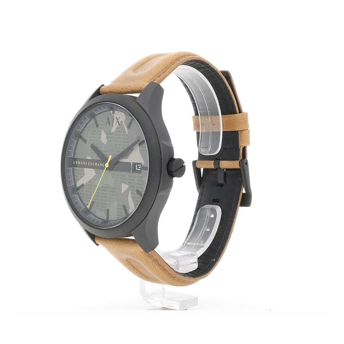 Armani Exchange AX2412 men's watch side profile showing black case with tan leather strap