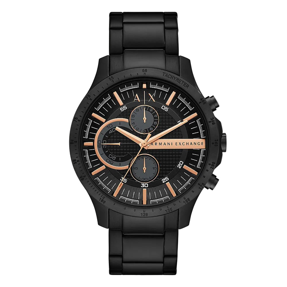 Armani Exchange AX2429 chronograph watch with black dial and rose gold hands