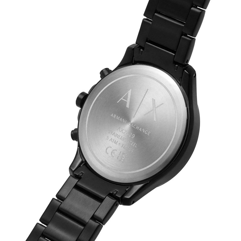 Watch case back showing Armani Exchange branding and model details