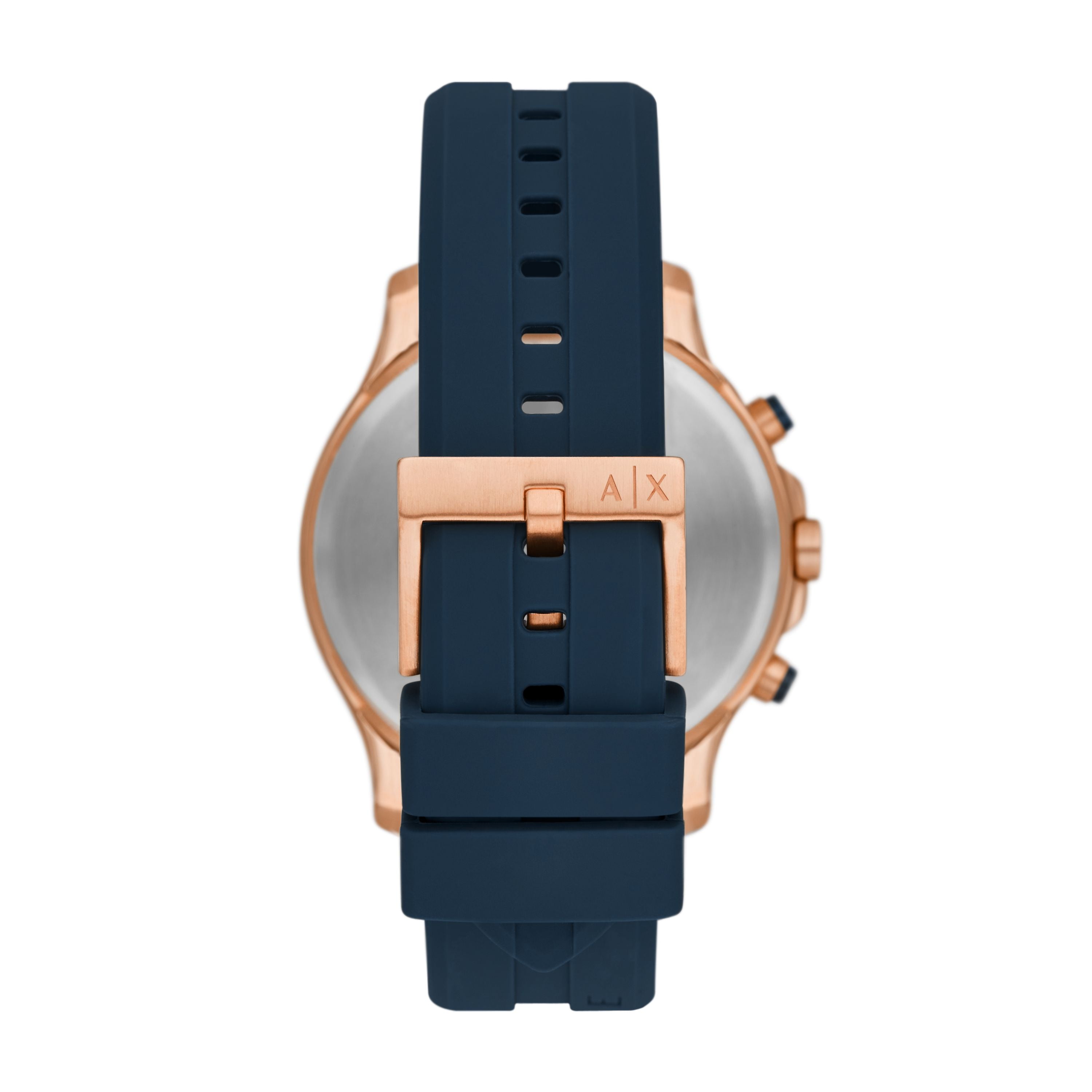 Armani Exchange AX2440 watch caseback showing rose gold case and blue rubber strap