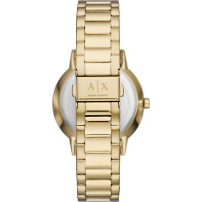 Armani Exchange Cayde watch caseback showing gold-tone steel case and bracelet