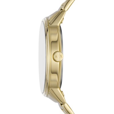 Side profile of Armani Exchange Cayde chronograph with gold-tone steel case and strap