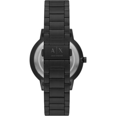 Armani Exchange Cayde AX2748 caseback view showing black stainless steel bracelet