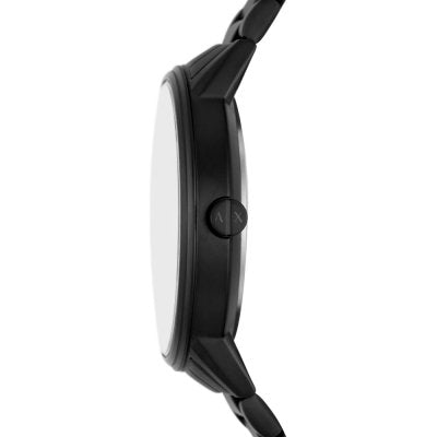 Armani Exchange Cayde AX2748 side profile view of black watch with crown and bracelet