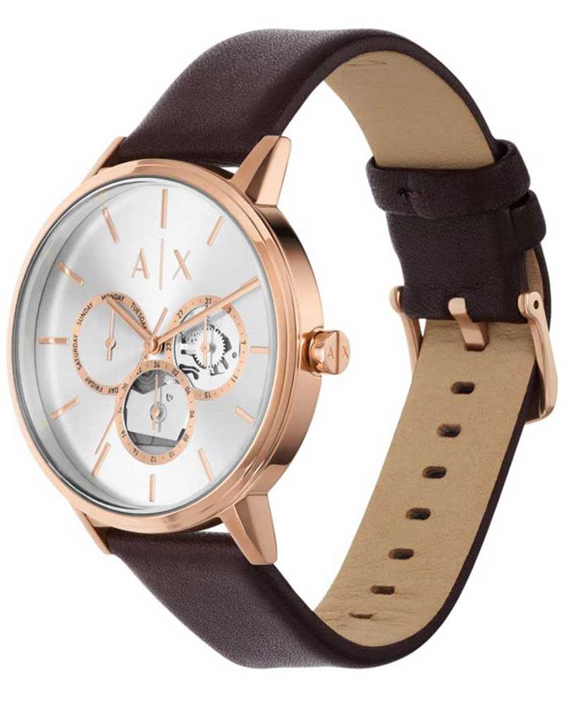 AX2756 Cayde watch angled view showing rose gold case, brown leather strap, and white dial with subdials
