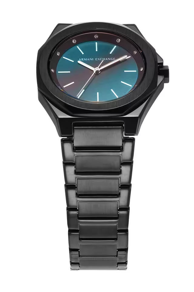 AX4609 watch at angle showing green sunburst dial with three-hand movement and black bracelet