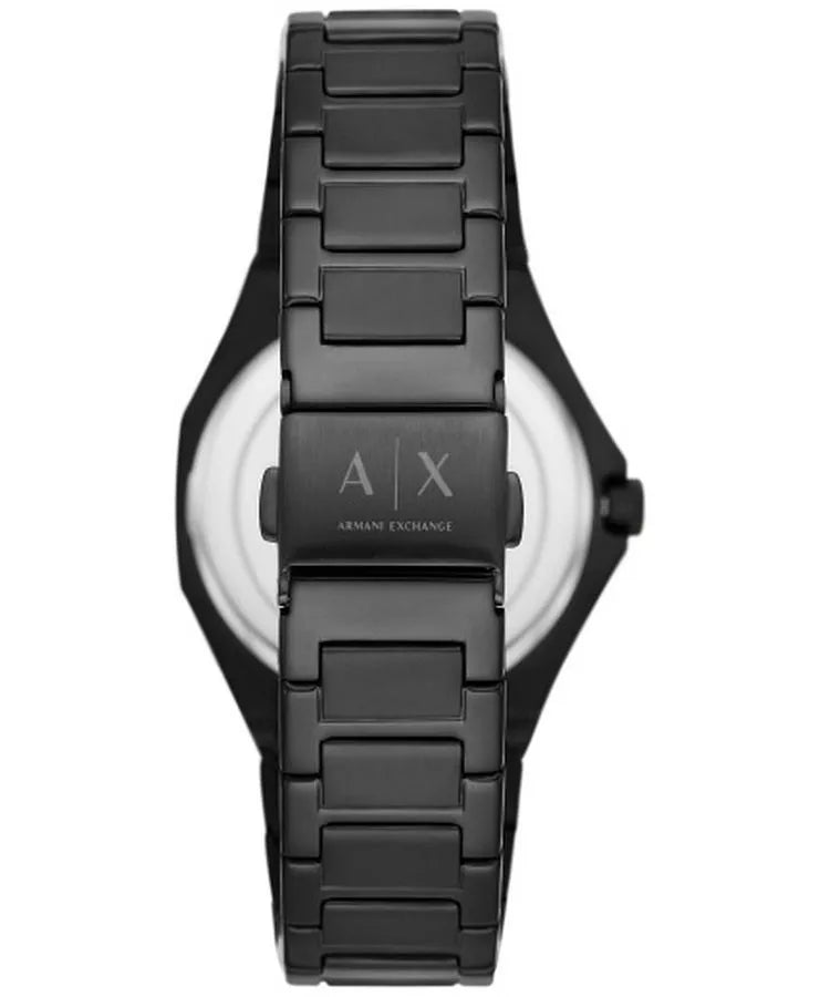 Armani Exchange AX4609 caseback view showing black stainless steel bracelet and AX logo