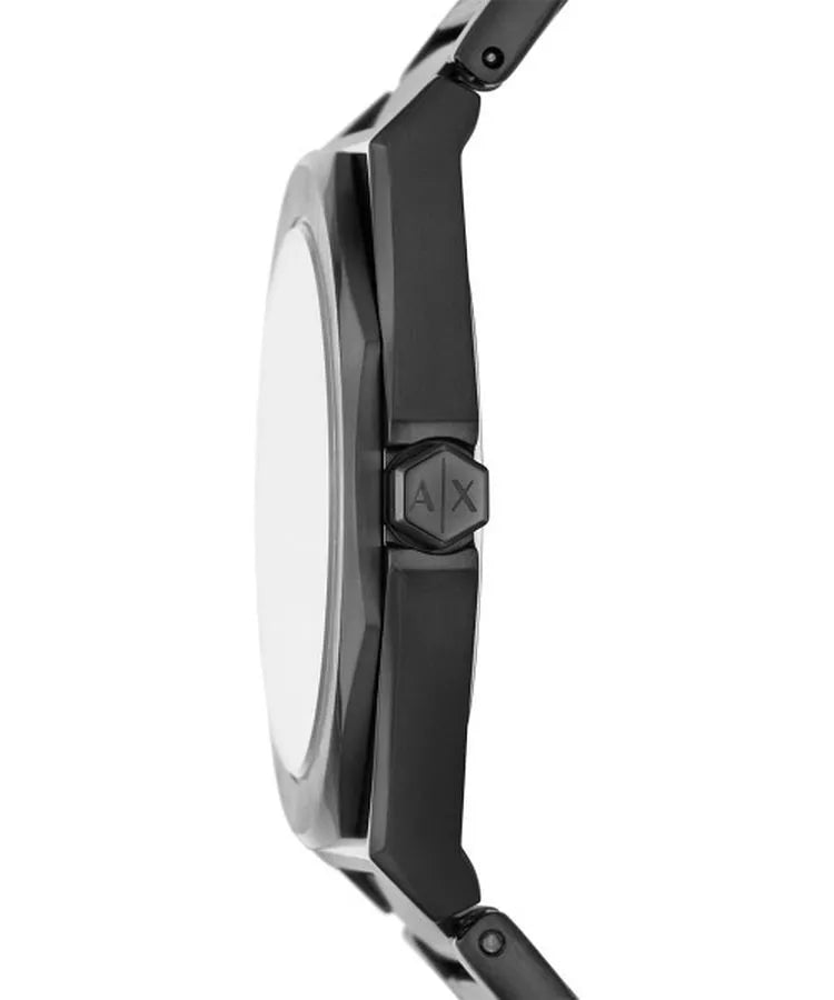 Side profile of AX4609 women's watch showing case thickness and black stainless steel strap