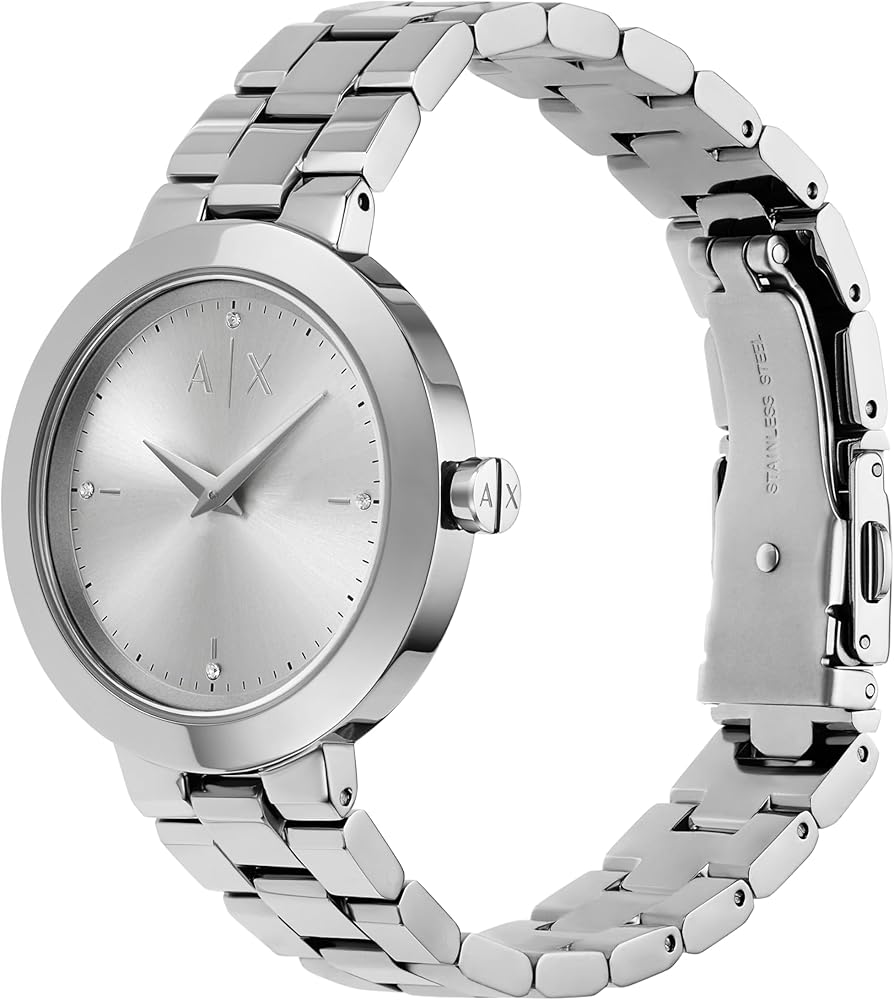 Armani Exchange AX5170 Jackie watch angled view showing silver bracelet and dial